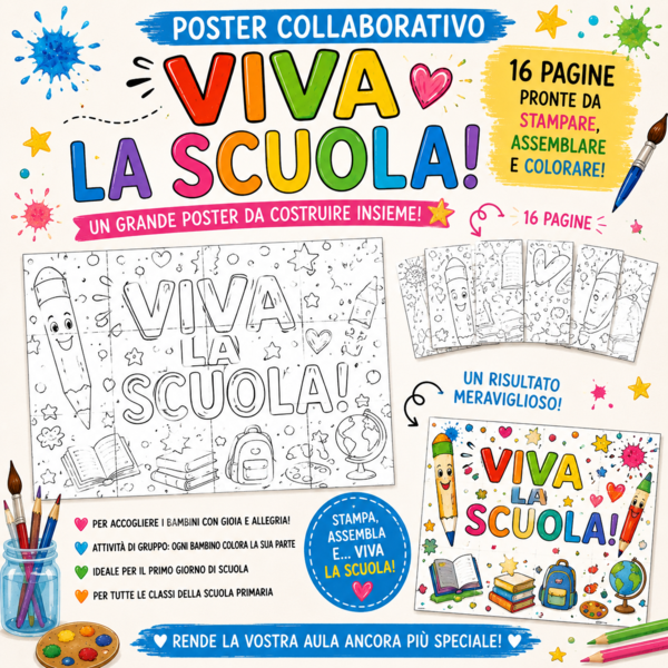 🎒🌈 VIVA LA SCUOLA! – POSTER COLLABORATIVO DA COLORARE 🌈🎒