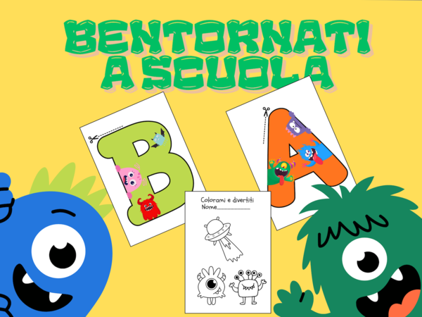 Kit Accoglienza “Mostri SIMPATICI Colorati": Scritta "BENTORNATI" da Ritagliare + 4 Disegni da Colorare.
