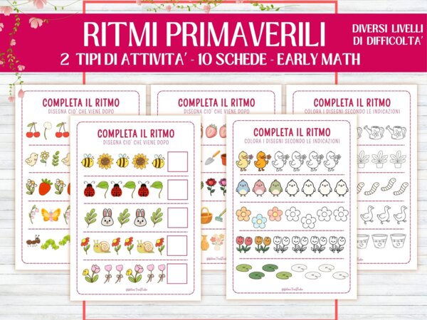 Pacchetto di attività di logica primaverili - bambini 4-6 anni - infanzia e primaria - early algebra - completa il ritmo - bellissimi disegni della primavera - no prep
