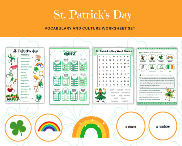 Saint Patrick Vocabulary Worksheet Set - Giorno di San Patrizio - un set di schede di lavoro con vocabolario e tradizioni, corrispondenza, quiz, cruciverba, lettura con comprensione, e in aggiunta, carte per il gioco della memoria