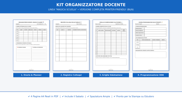 Kit Organizzatore Docente A4 - Planner, Colloqui, Valutazione e UDA (Versione B&N Printer-Friendly)
