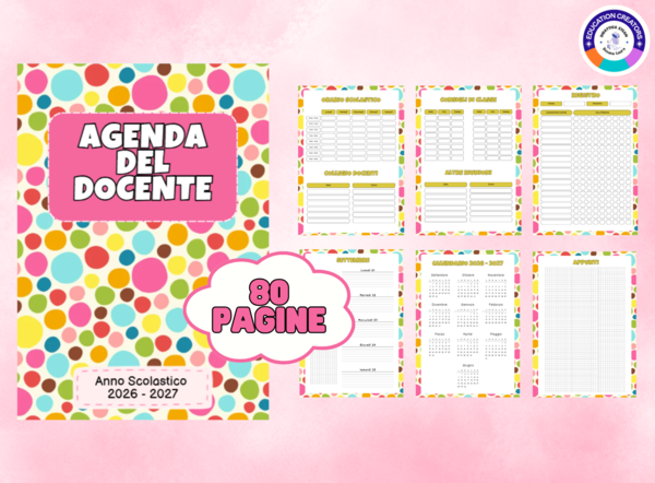 Agenda del docente settimanale 2026 – 2027 stampabile – tema pois multicolore