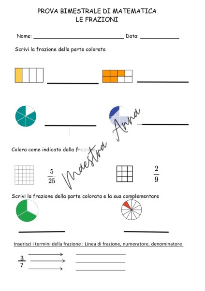 Verifica bimestrale di matematica – Le frazioni (classi terza o quarta primaria)
