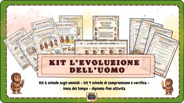 MEGA KIT EVOLUZIONE DELL'UOMO: 6 Schede identikit, 5 Verifiche, Linea del Tempo e Diploma finale