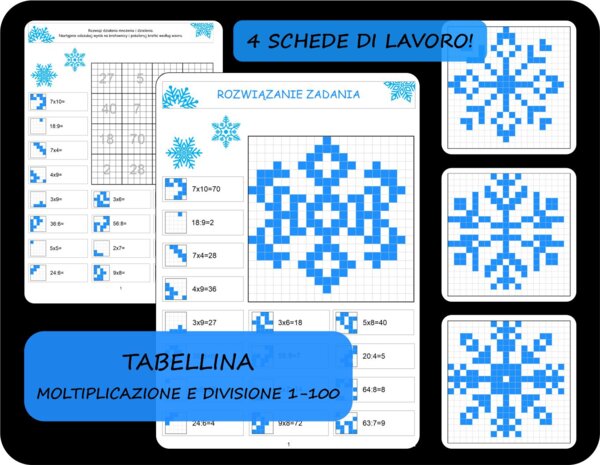 Coding unplugged, tabellina, moltiplicazione e divisione 1-100, calcola e colora, tema inverno / fiocchi di neve