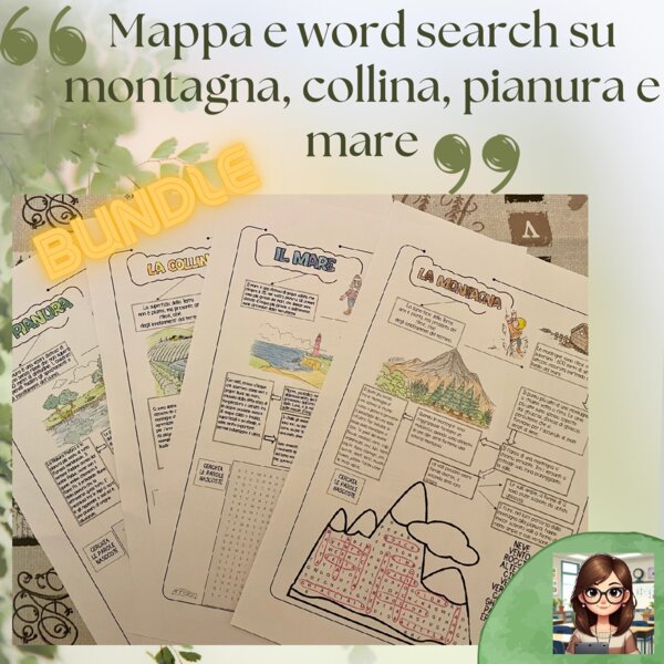 BUNDLE GEOGRAFIA: 4 schede su montagna, collina, pianura e mare.