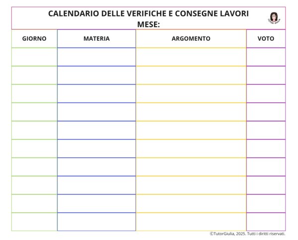 CALENDARIO PER PROGRAMMARE VERIFICHE E CONSEGNE