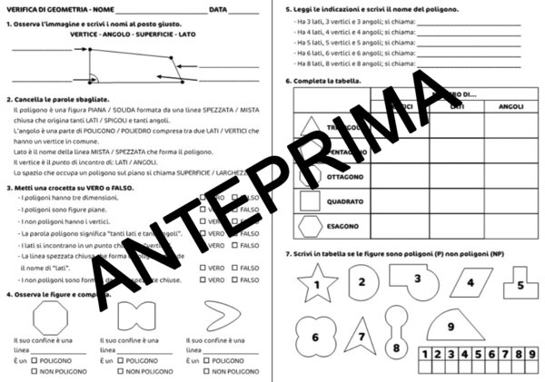 VERIFICA DI GEOMETRIA SUI POLIGONI E NON POLIGONI - CLASSE TERZA - SCUOLA PRIMARIA