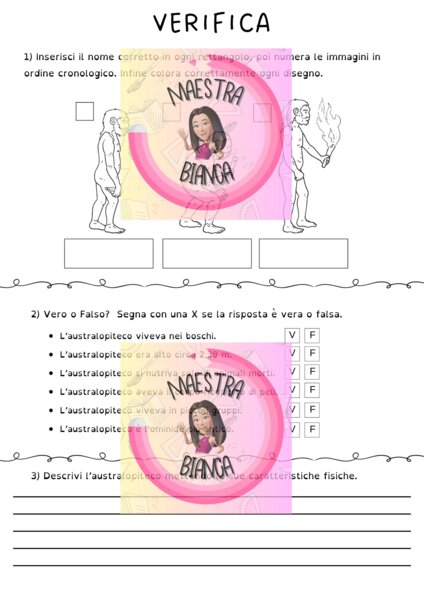VERIFICA DI STORIA CLASSE TERZA - Australopiteco, Homo Erectus, Homo Habilis