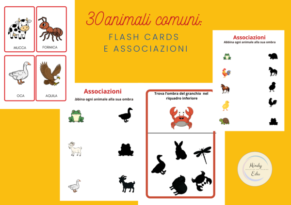 30 animali comuni – Associazioni e ombre | Flash cards e schede didattiche