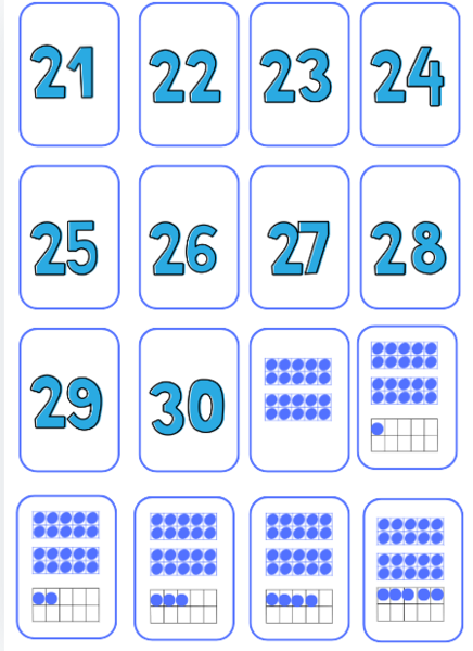 Flashcard dei numeri da 21 a 30