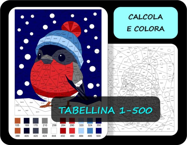 Tabellina, Colorare in base ai risultati della moltiplicazioni 1-500, matematica invernale, Ciufolotto, calcola e colora
