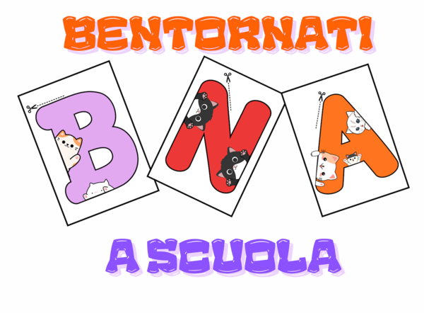 Kit Accoglienza “TEMA GATTI": Scritta "BENTORNATI" da Ritagliare + 4 Disegni da Colorare.