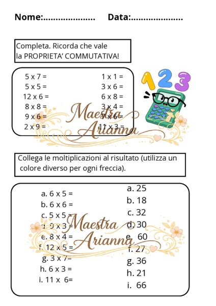 Verifica di matematica - tabelline fino al 12