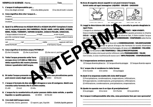 VERIFICA SULL'ACQUA E SUL SUO CICLO - CLASSE TERZA O QUARTA - SCUOLA PRIMARIA