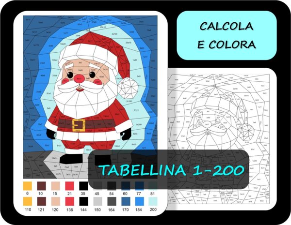 Tabellina, Colorare in base ai risultati della moltiplicazioni 1-200, matematica invernale, Babbo Natale, calcola e colora