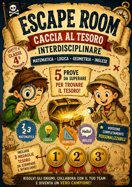 Escape Room Caccia al Tesoro Interdisciplinare – personalizzabile - Primaria – Matematica, Logica, Geometria, Inglese – Attività Stampabile