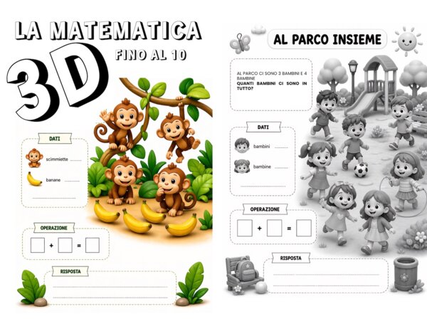 11 SCHEDE DI MATEMATICA ADDIZIONI FINO AL 10 ILLUSTRAZIONI 3D BELLISSIME