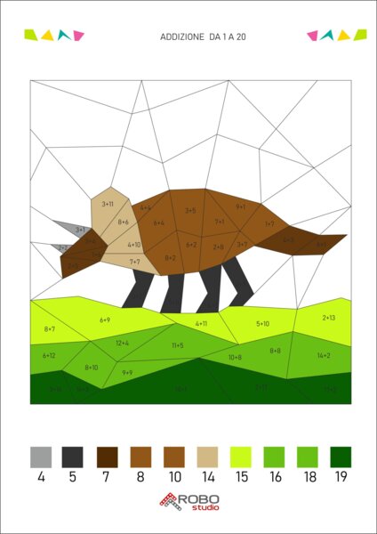 Colorazione matematica, addizione da 1 a 20, giornata dei dinosauri, preistoria, matematica e arte, calcola e colora