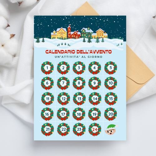 Calendario dell'avvento da stampare con giochi e attività