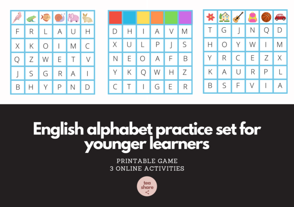 English alphabet practice set for younger learners (printable game + 3 online activities)