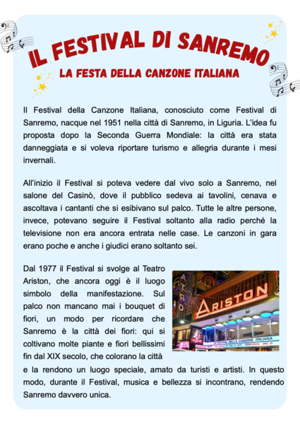 Il festival di Sanremo - comprensione del testo