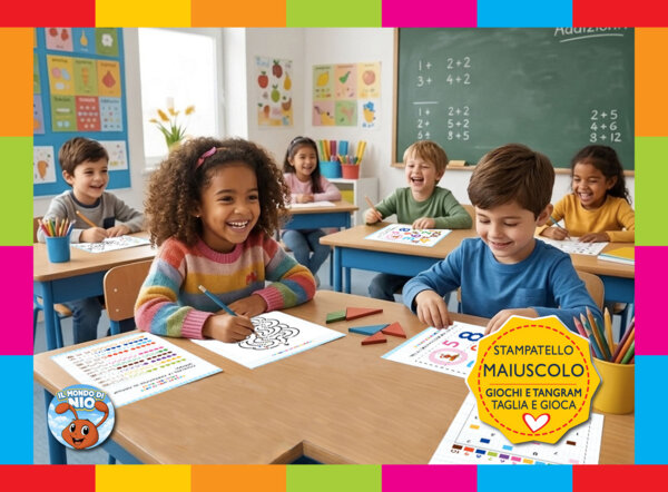 ​Il Mio Primo Quaderno di Matematica: Stampatello Maiuscolo, Rime, Amici del 10, Tangram dei Numeri e Laboratorio Giochi. PDF 5-7 anni.