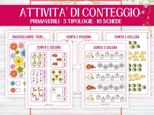 Schede Primaverili Conteggio Matematica per Infanzia e Prima Elementare, Attività Numeri 1–10, Schede Didattiche Stampabili, giochi matematici, conta e collega, conta e colora, gioco I SPY, Early algebra, no prep, 5-6 anni,