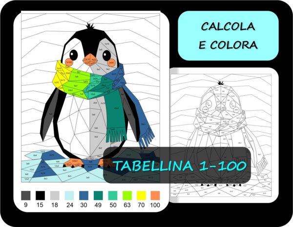 Tabellina, Colorare in base ai risultati della moltiplicazioni 1-100, matematica invernale, pinguino