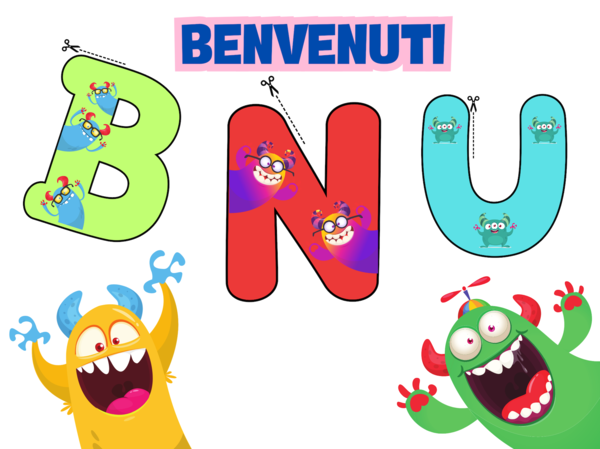 Kit Accoglienza "Mostri Colorati": Scritta "BENVENUTI" da Ritagliare + 4 Disegni da Colorare.