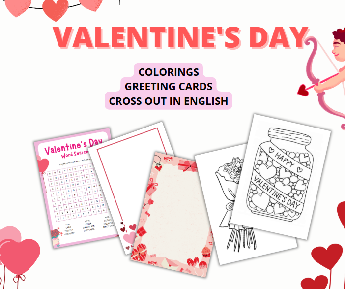 VALENTINES DAY CARDS, ENGLISH, COLORING, CROSSOUT, CARDS