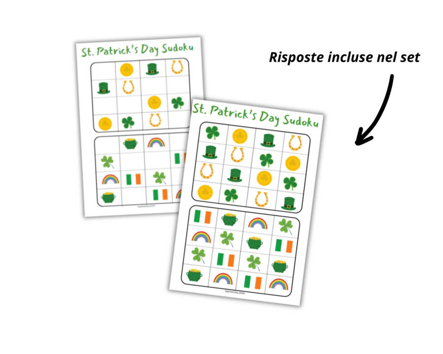 Saint Patrick for preschoolers worksheet set - San Patrizio per bambini in età prescolare - set di schede di lavoro sul vocabolario, sudoku, gioco I Spy, labirinto, conteggio fino a 10, modelli, cosa viene dopo, inoltre carte illustrative.