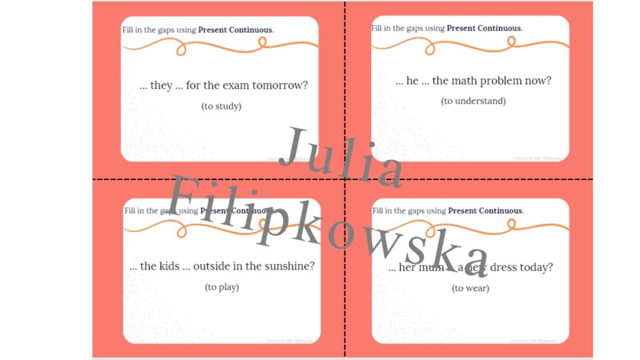 Present Continuous/ Speaking cards/ Speaking/ Set/ Package/ Conversations/ Grades 4-8/ Grades 4-6/ Grades 6-8/ Primary school/ Warm-up/ Speaking cards/ Grammar/ Grammar/ Speaking cards grammar / Grammar cards/ Presente continuo/ Schede parlanti/ Conversa