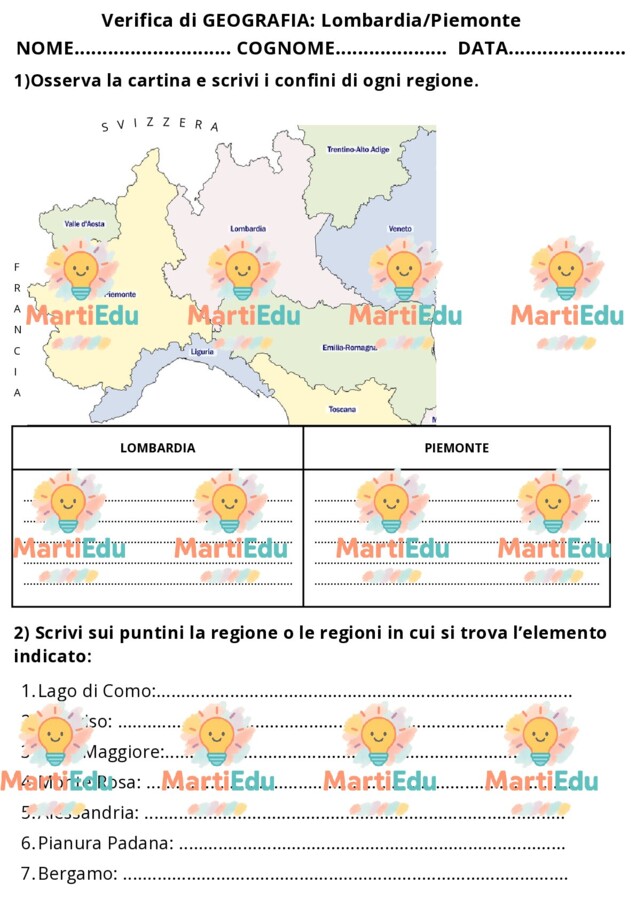 Verifica di geografia LOMBARDIA E PIEMONTE