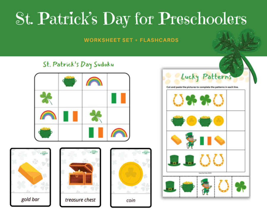 Saint Patrick for preschoolers worksheet set - San Patrizio per bambini in età prescolare - set di schede di lavoro sul vocabolario, sudoku, gioco I Spy, labirinto, conteggio fino a 10, modelli, cosa viene dopo, inoltre carte illustrative.