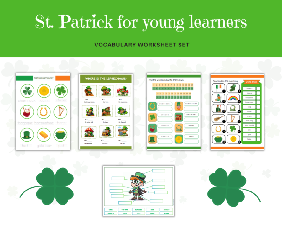 Saint Patrick’s Day for Young Learners - Giorno di San Patrizio per gli studenti set, schede di lavoro, esercizi di vocabolario, capi di abbigliamento, preposizioni di luog