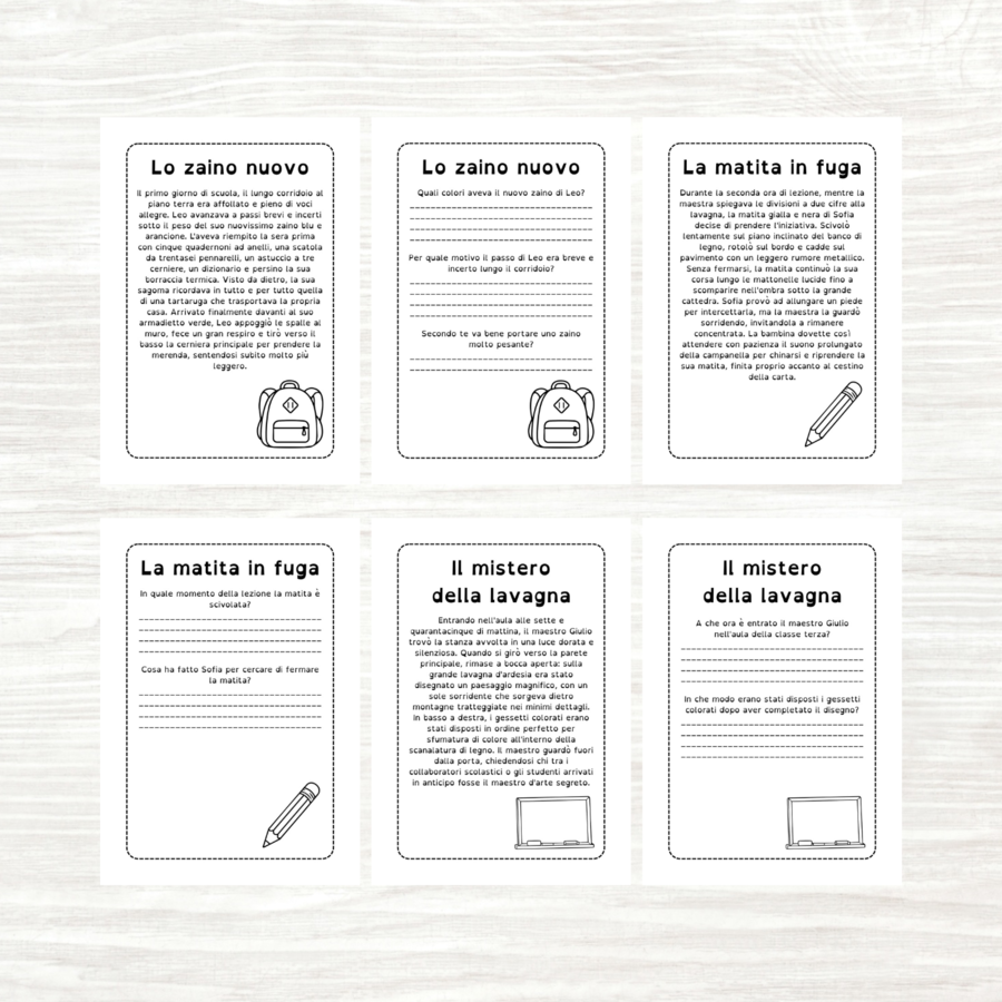 Questo pacchetto di schede di lettura e comprensione per il Back to School comprende 12 storie ad alta leggibilità e 12 pagine con domande di comprensione.