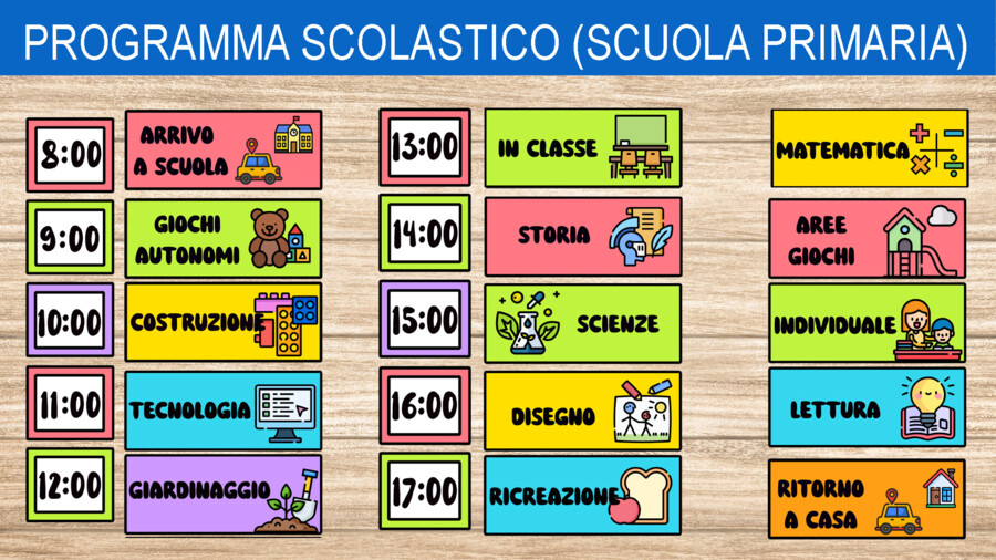Le routine con orario scolastico (materiale a colori)