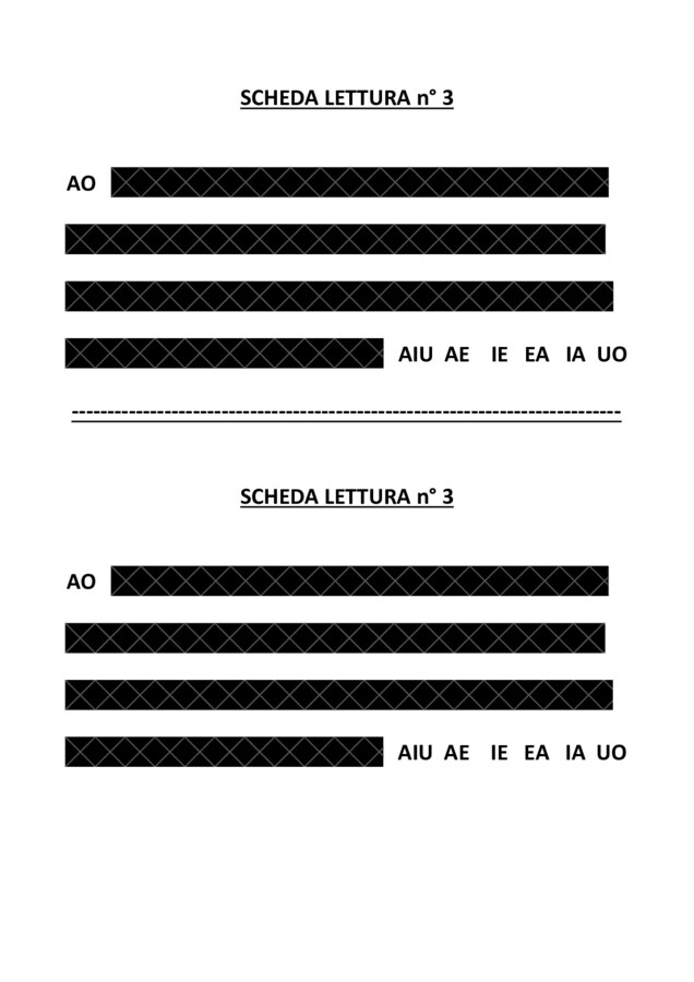 scheda lettura 3, le vocali A; E; I;O; U e prime unioni di vocali utili ad articolare i fonemi