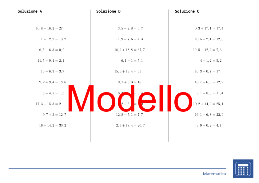 Addizione e sottrazione di numeri decimali | matematica | 26 colonne