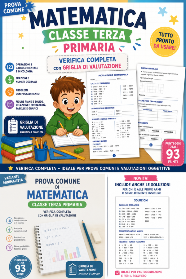 Verifica matematica classe terza primaria con soluzioni – prova completa + griglia di valutazione stampabile