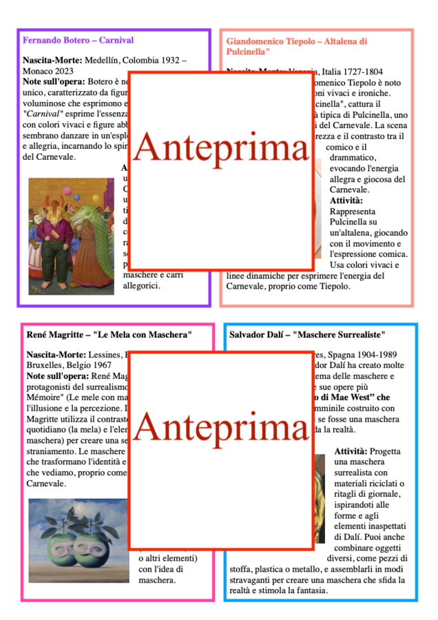 Carnevale nell'arte in 10 carte+1; 10 artisti e 10 proposte per la rielaborazione creativa e artistica;classi 2-5