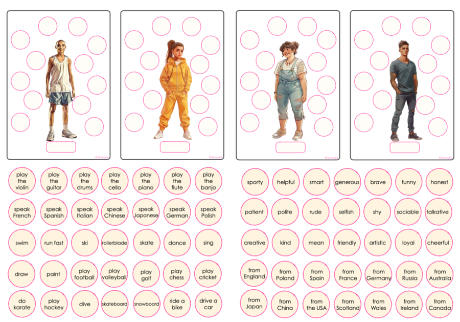 Speaking Cards: to be, have got, can, is wearing