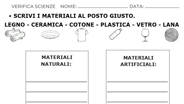 Verifica di scienze/ esercizi di ripasso: i materiali e le loro proprietà, miscugli e soluzioni.