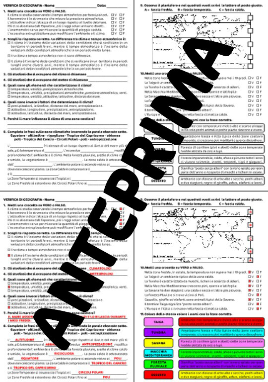 VERIFICA DI GEOGRAFIA SU ZONE CLIMATICHE E AMBIENTI - CLASSE QUARTA SCUOLA PRIMARIA