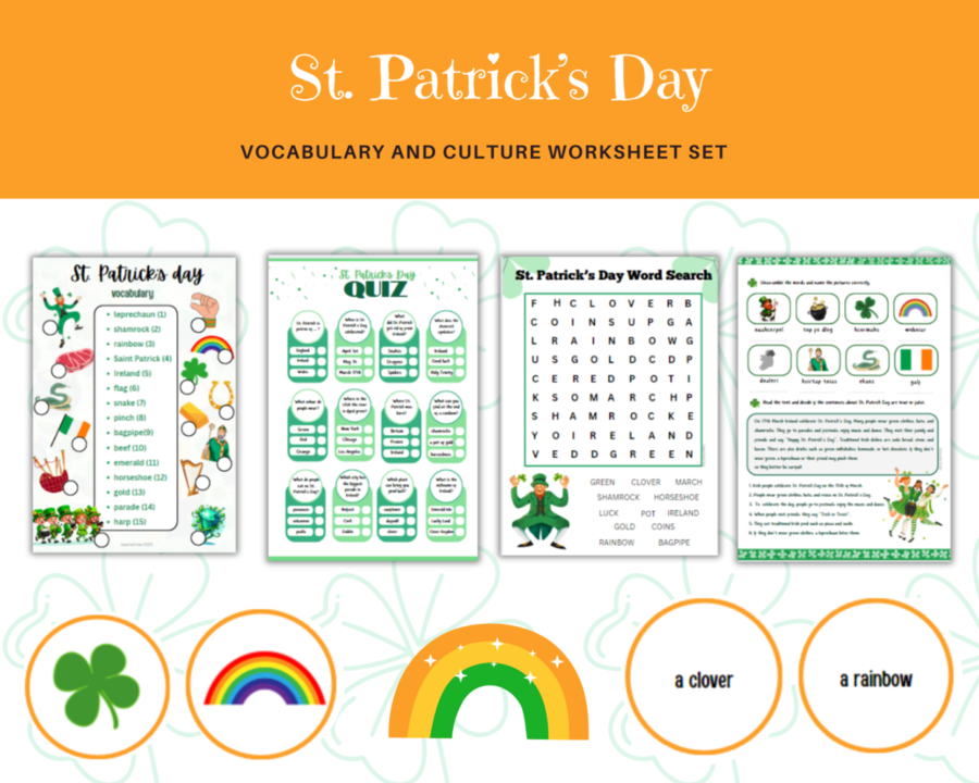 Saint Patrick Vocabulary Worksheet Set - Giorno di San Patrizio - un set di schede di lavoro con vocabolario e tradizioni, corrispondenza, quiz, cruciverba, lettura con comprensione, e in aggiunta, carte per il gioco della memoria