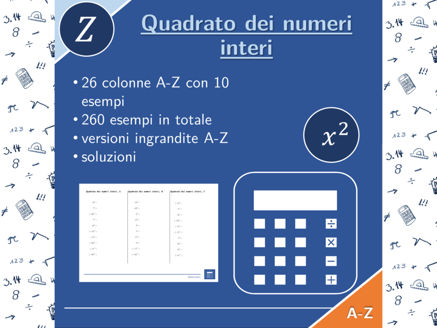 Quadrato dei numeri interi | matematica | 26 colonne