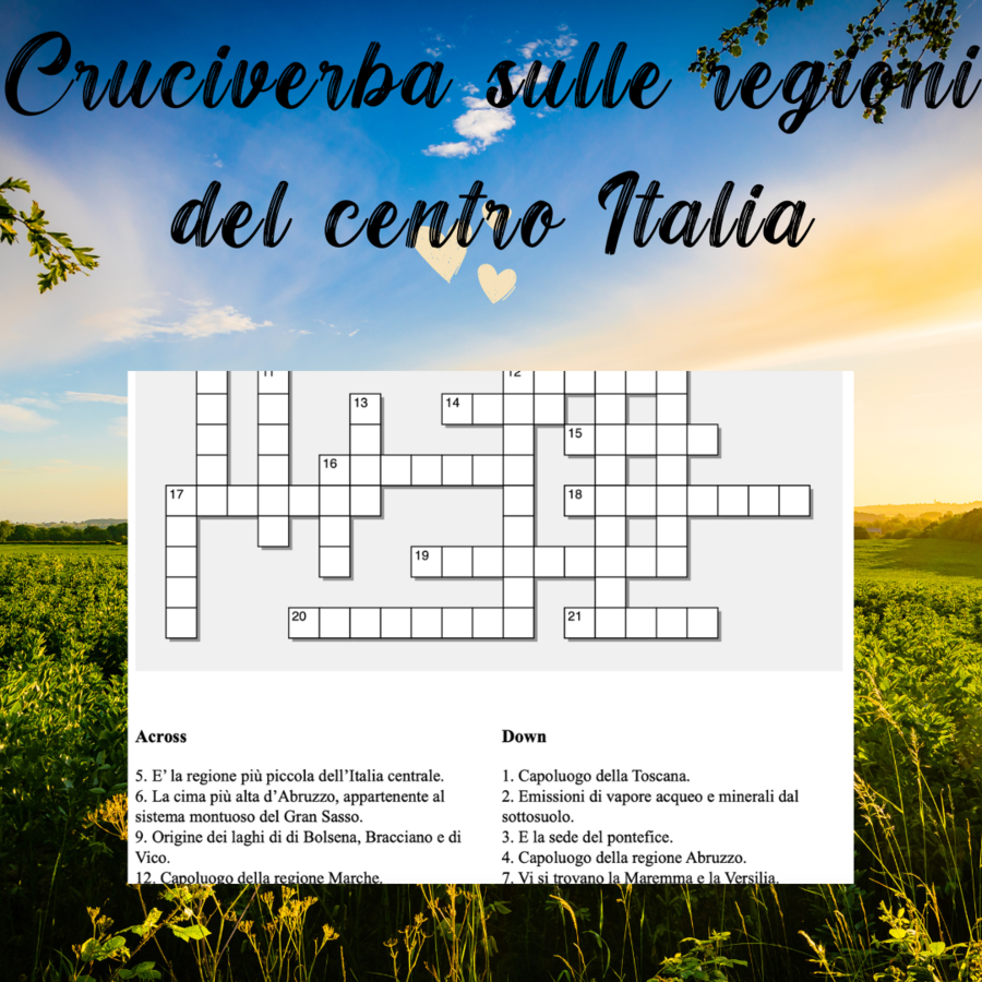 Cruciverba sulle regioni del centro Italia