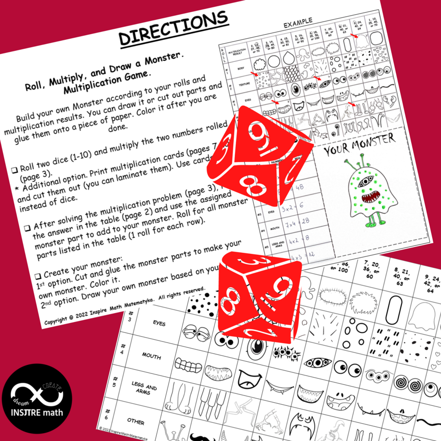 Halloween Math Craft Multiplication Game Facts to 10 Roll Multiply Draw Monster