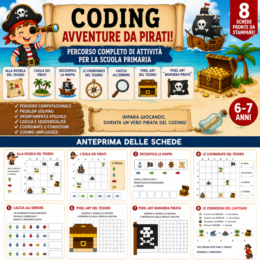 Coding e pixel art - 8 pag. Primaria - Stile Pirati - compiti vacanze